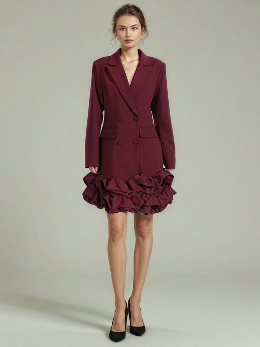 Burgundy Double-Breasted Ruffle Hem Mini Dress