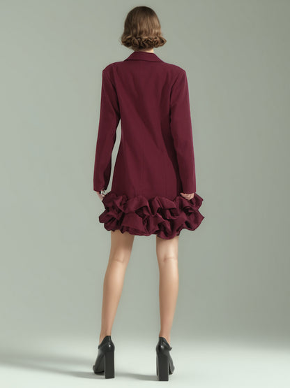 Burgundy Double-Breasted Ruffle Hem Mini Dress