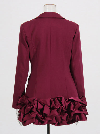 Burgundy Double-Breasted Ruffle Hem Mini Dress