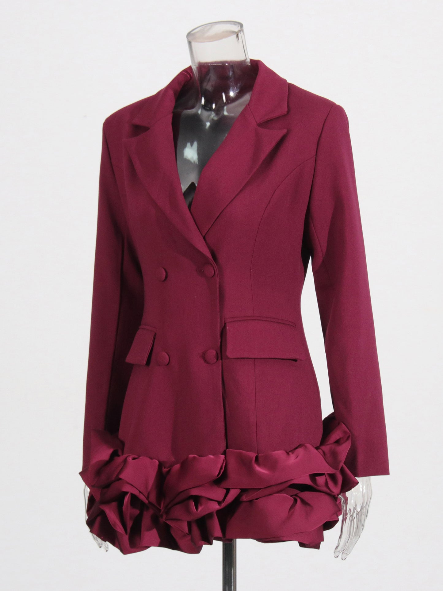 Burgundy Double-Breasted Ruffle Hem Mini Dress