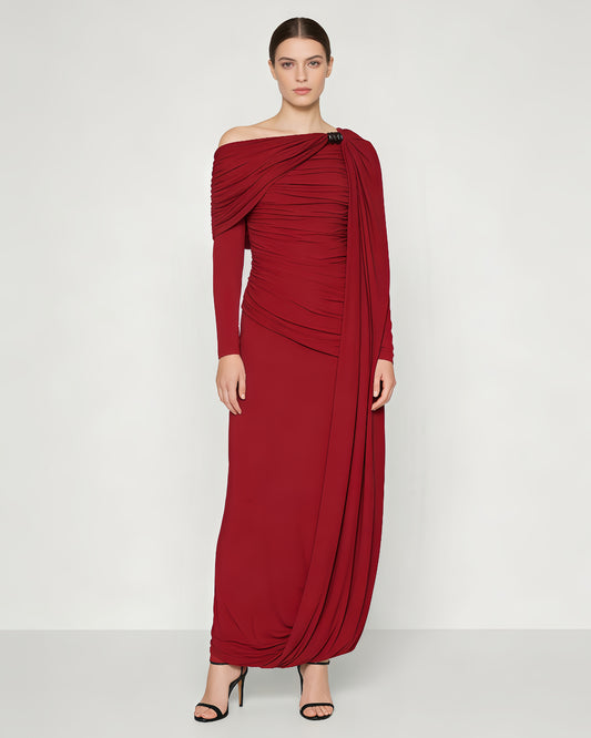 Burgundy Draped One-Shoulder Maxi Dress