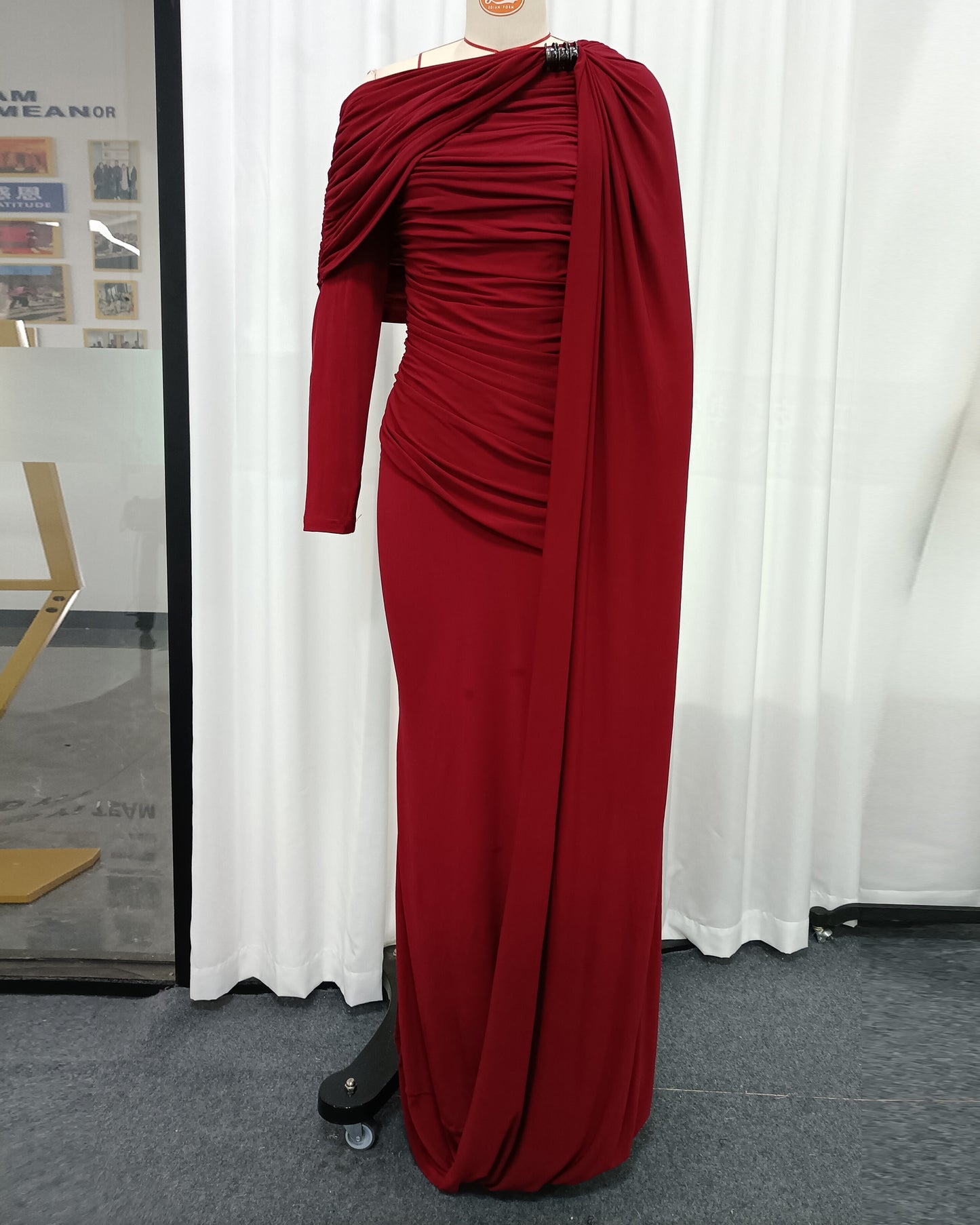 Burgundy Draped One-Shoulder Maxi Dress