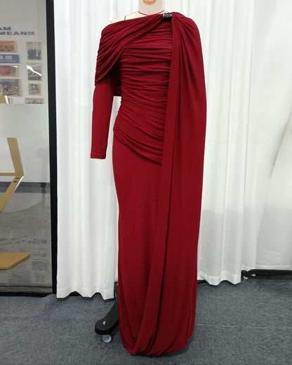 Burgundy Draped One-Shoulder Maxi Dress