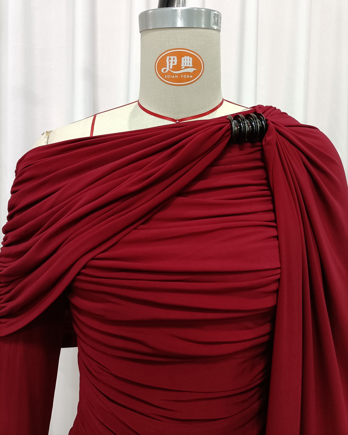Burgundy Draped One-Shoulder Maxi Dress