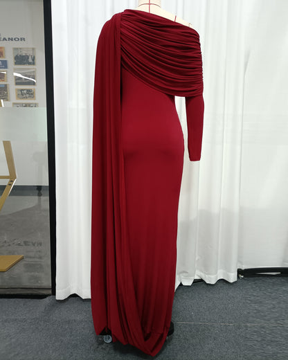 Burgundy Draped One-Shoulder Maxi Dress