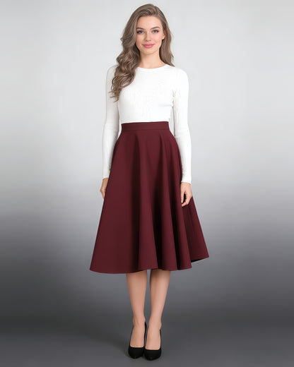 Burgundy Flared Midi Skirt