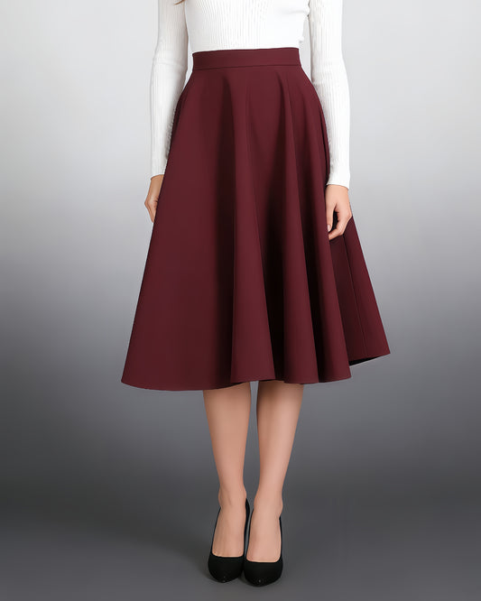 Burgundy Flared Midi Skirt