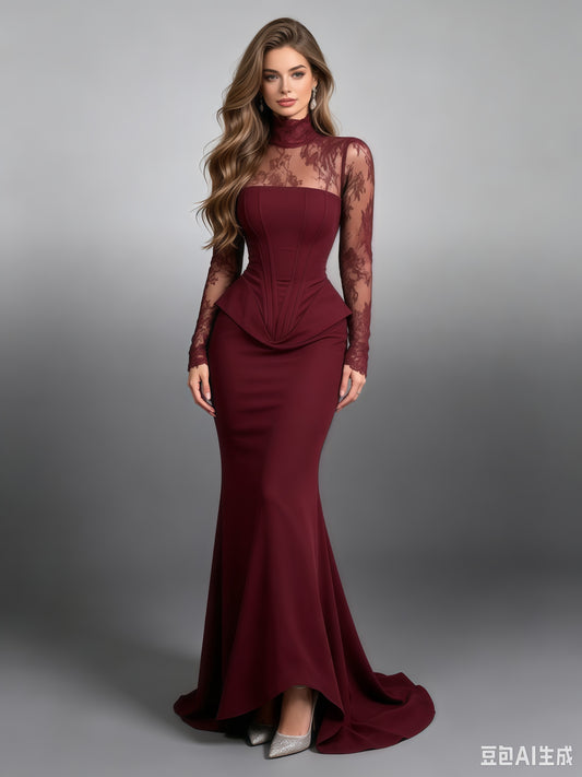 Burgundy Lace High-Neck Corset Mermaid Evening Gown