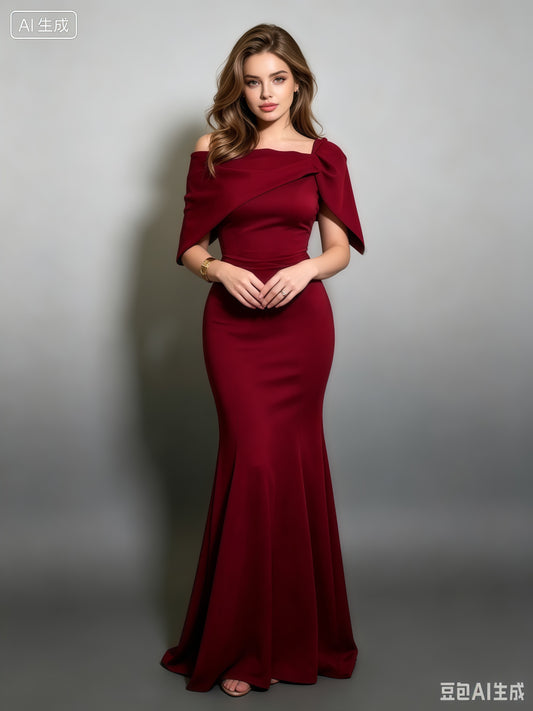 Burgundy Off-the-Shoulder Mermaid Evening Gown