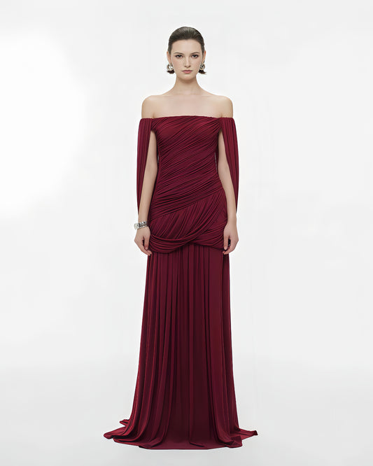 Burgundy Off-the-Shoulder Ruched Maxi Dress