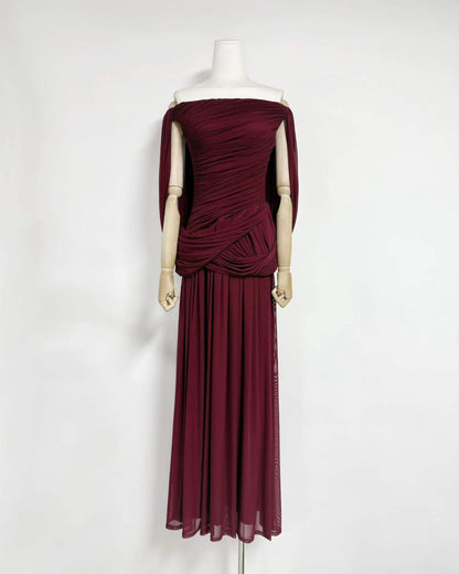Burgundy Off-the-Shoulder Ruched Maxi Dress