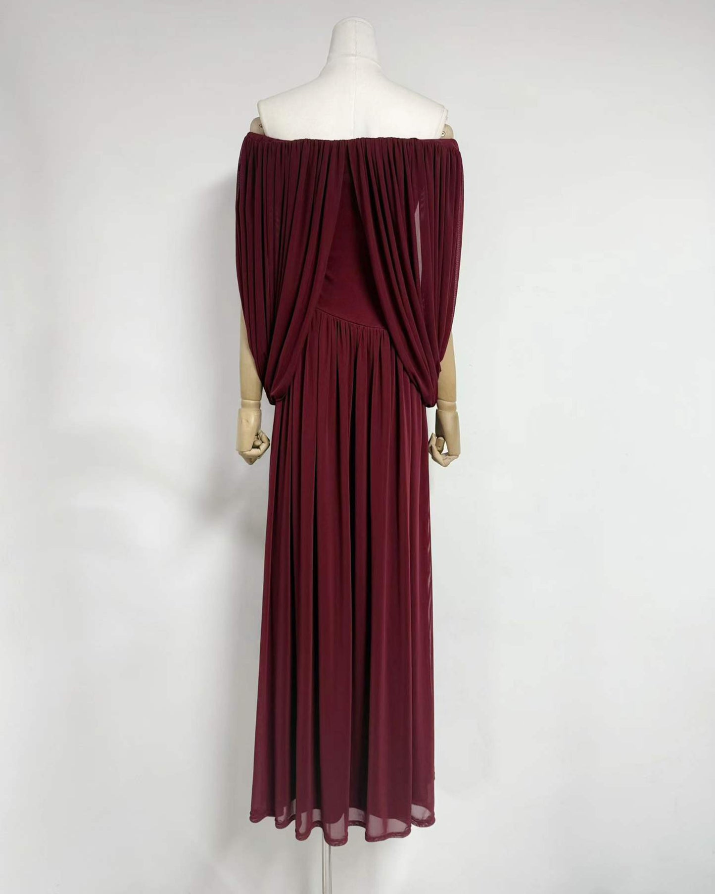 Burgundy Off-the-Shoulder Ruched Maxi Dress