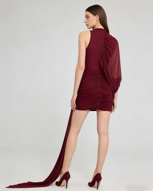 Burgundy One-Shoulder Draped Ruched Mini Dress