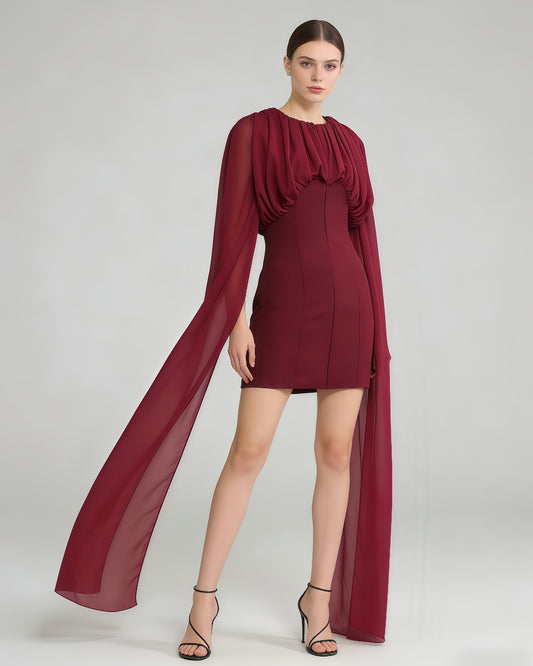 Burgundy Ruched Cape Sleeve Mini Dress