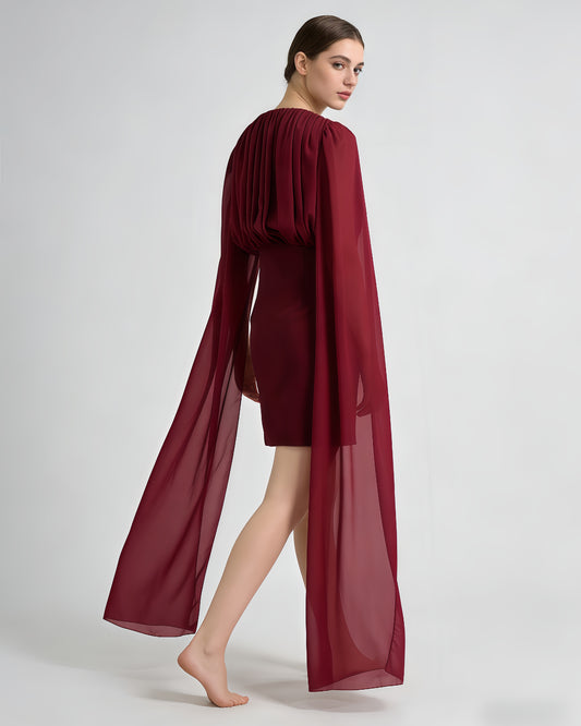 Burgundy Ruched Cape Sleeve Mini Dress