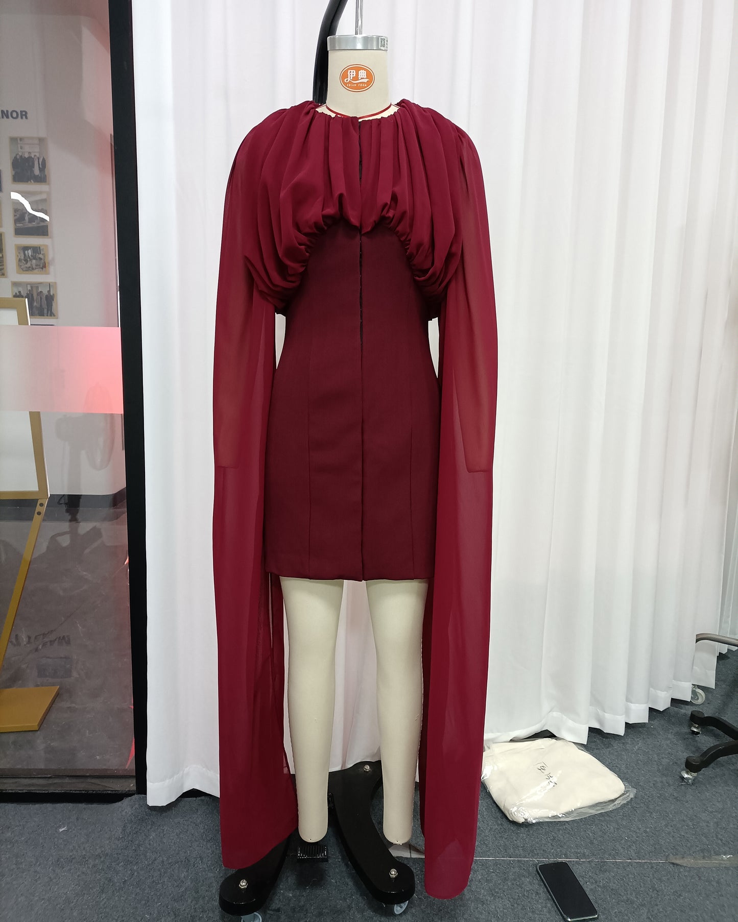 Burgundy Ruched Cape Sleeve Mini Dress