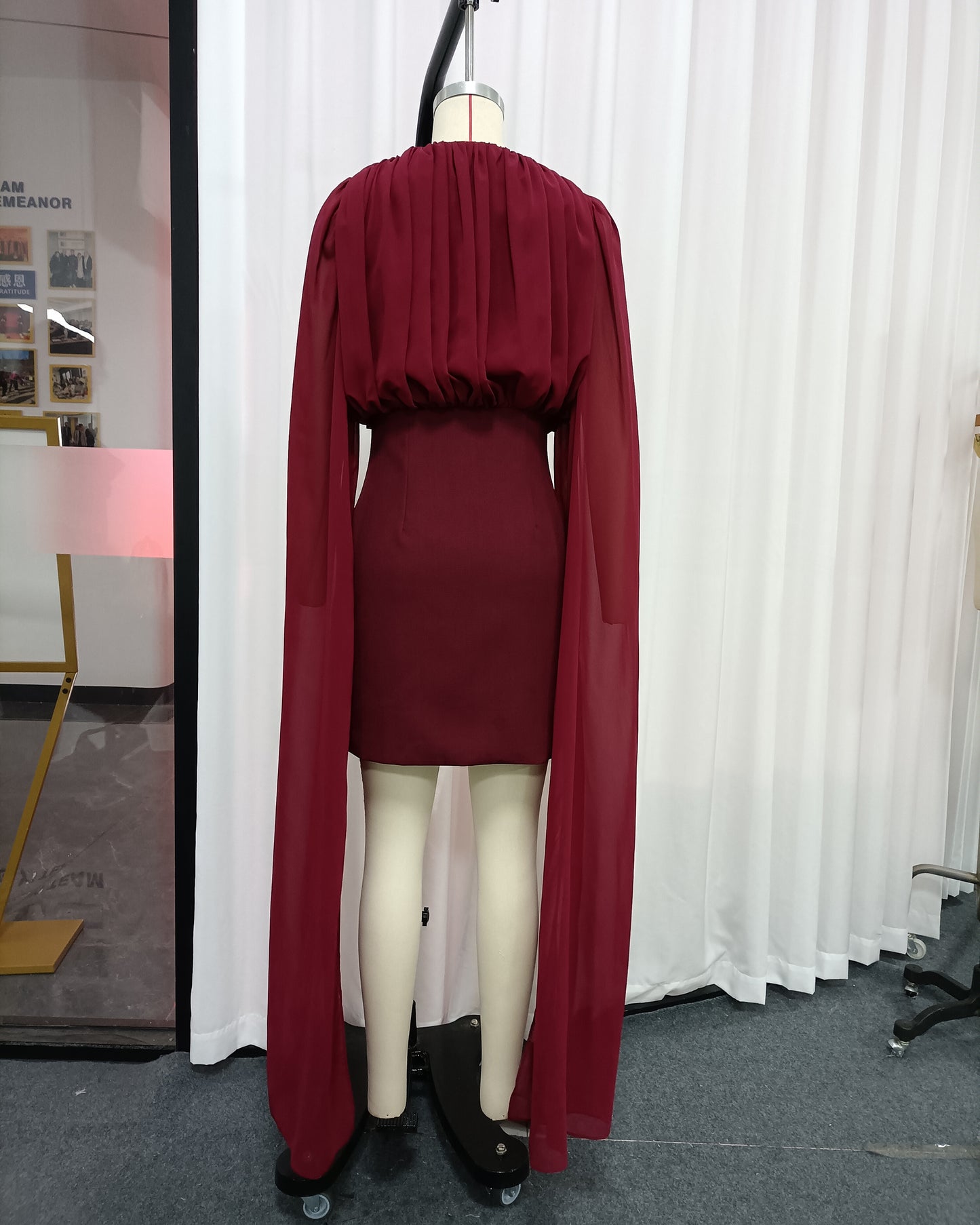 Burgundy Ruched Cape Sleeve Mini Dress