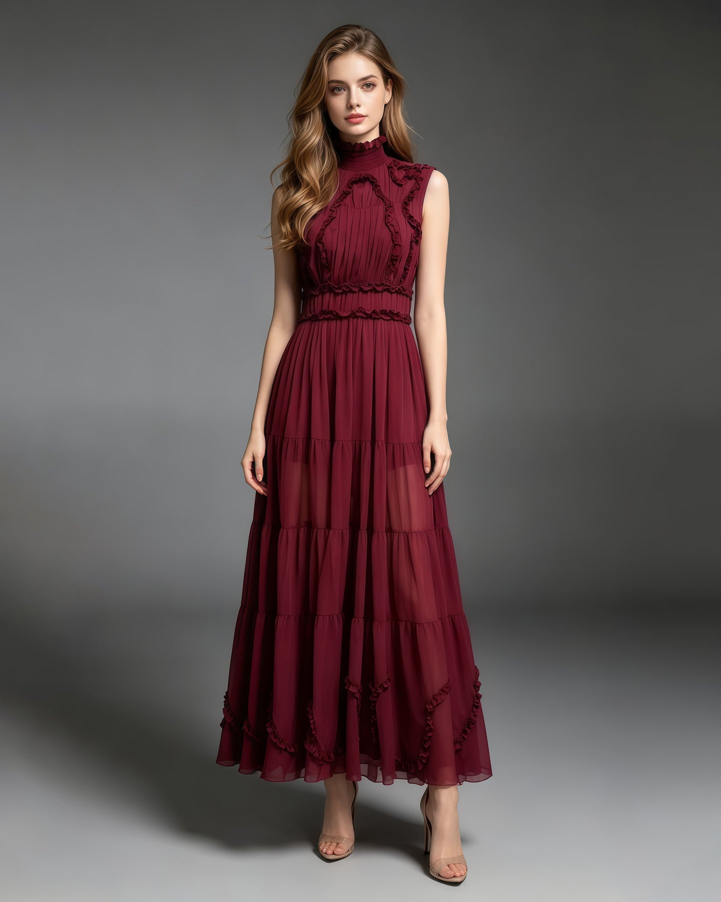 Burgundy Sleeveless High Neck Ruffle Maxi Dress
