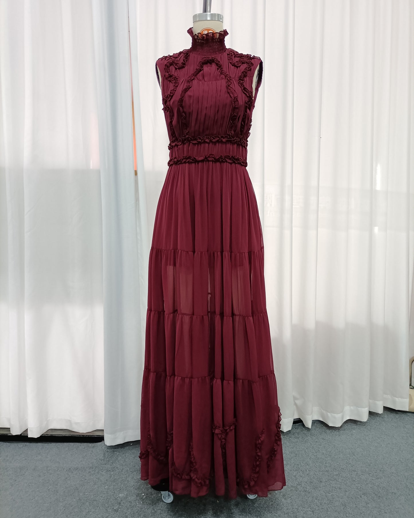 Burgundy Sleeveless High Neck Ruffle Maxi Dress