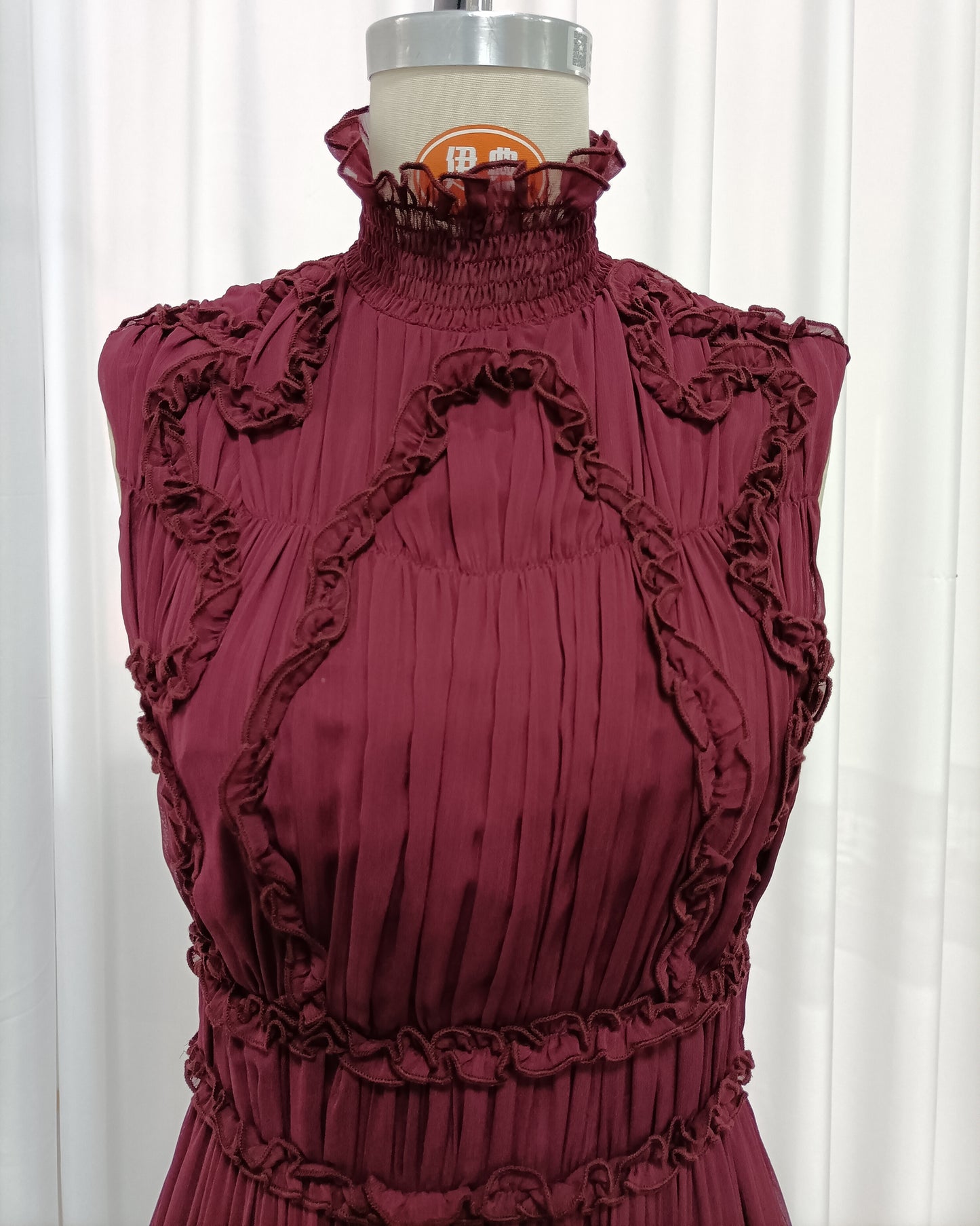 Burgundy Sleeveless High Neck Ruffle Maxi Dress