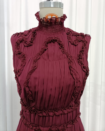 Burgundy Sleeveless High Neck Ruffle Maxi Dress