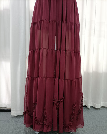 Burgundy Sleeveless High Neck Ruffle Maxi Dress