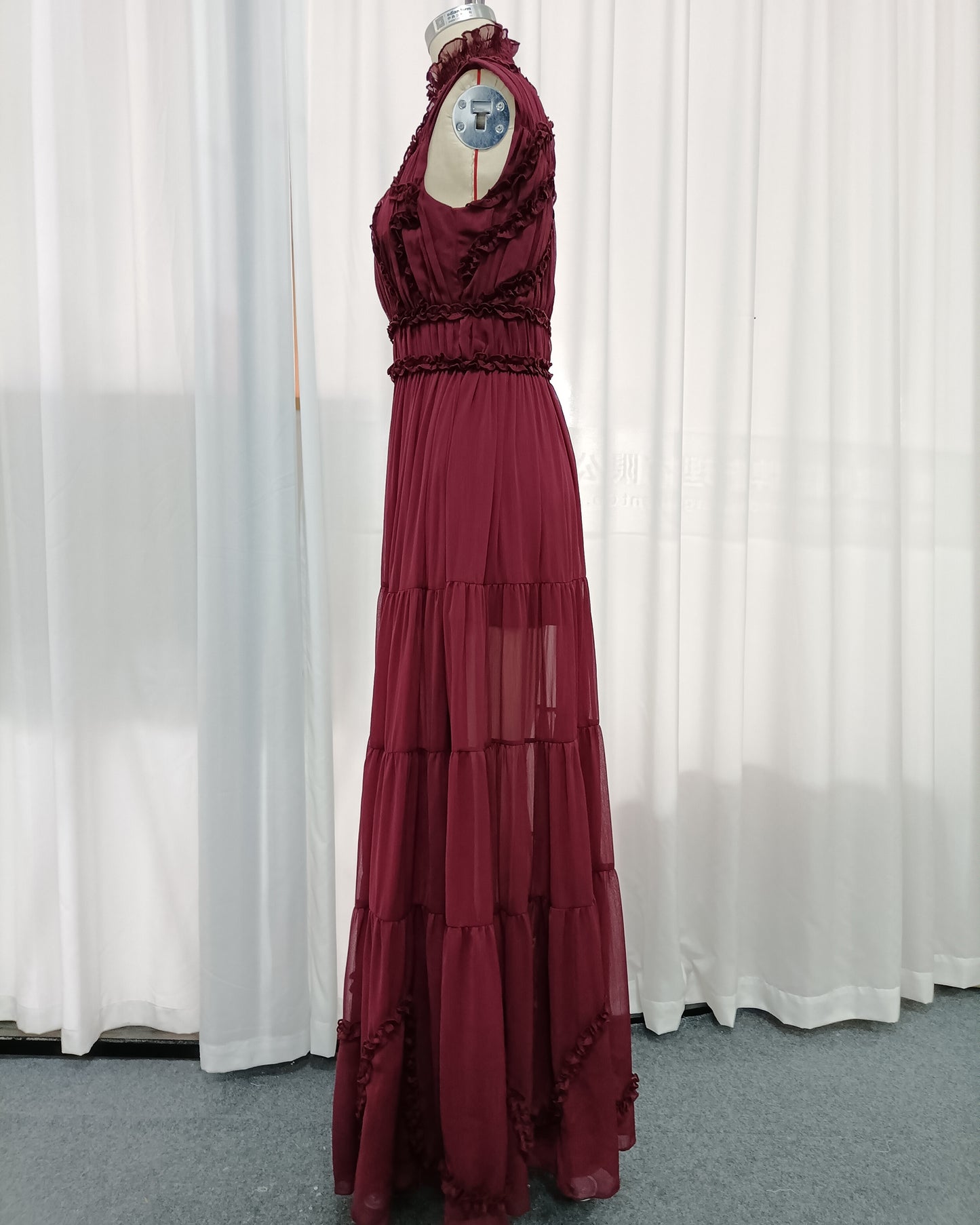 Burgundy Sleeveless High Neck Ruffle Maxi Dress