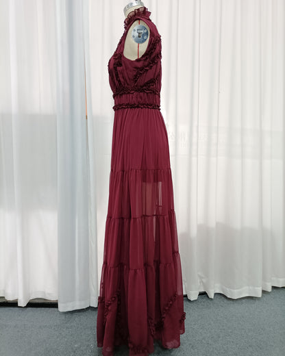 Burgundy Sleeveless High Neck Ruffle Maxi Dress