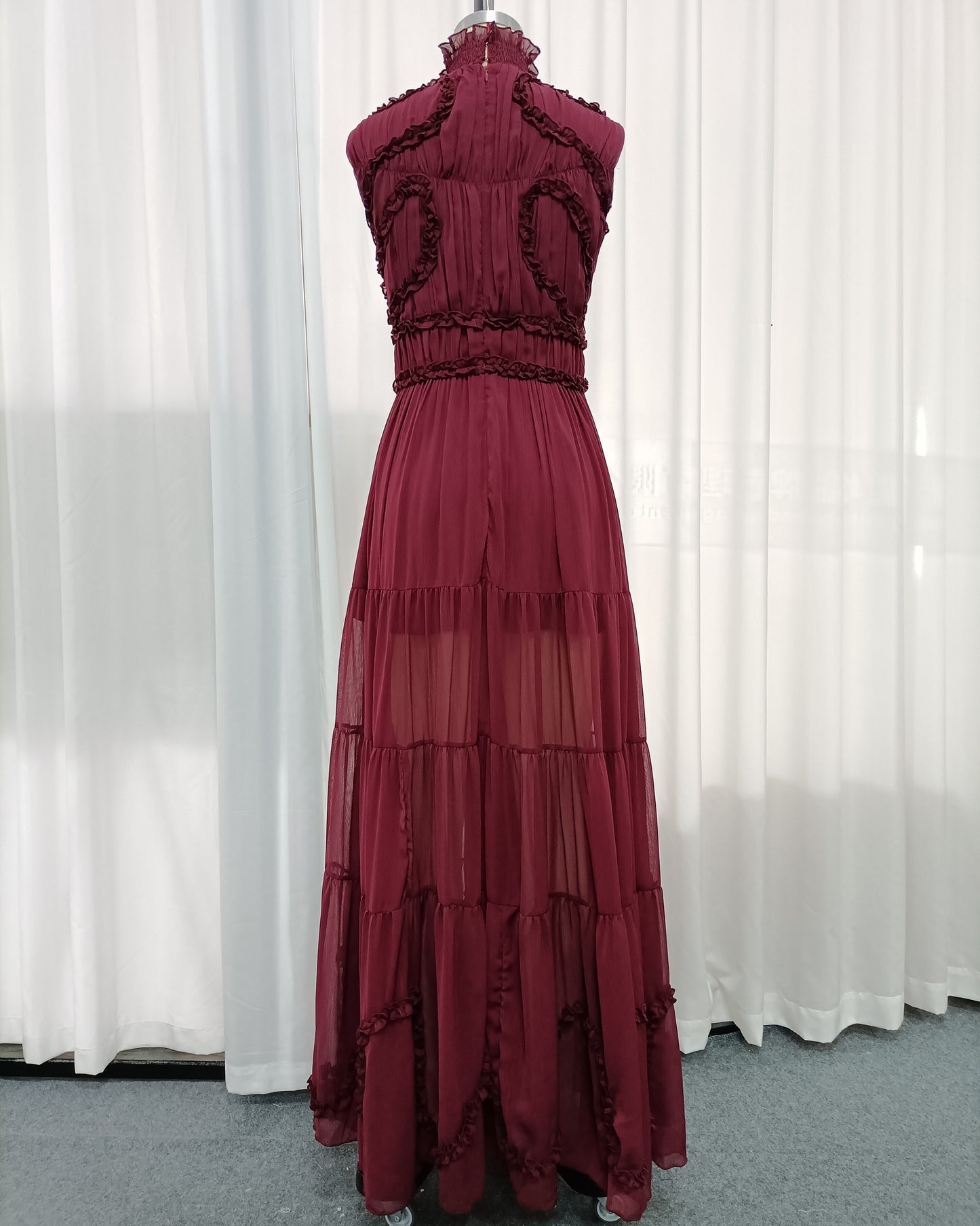 Burgundy Sleeveless High Neck Ruffle Maxi Dress