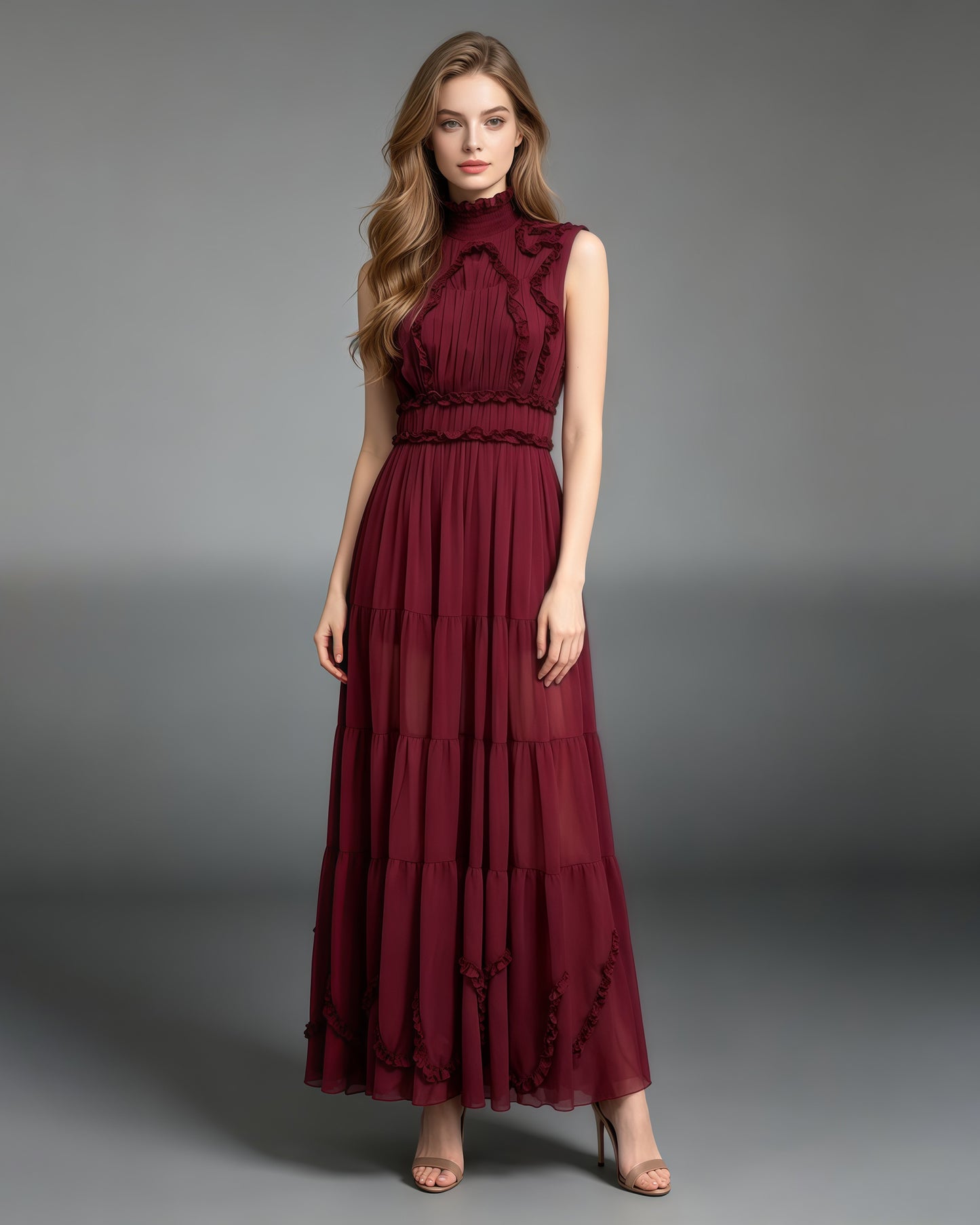 Burgundy Sleeveless High Neck Ruffle Maxi Dress