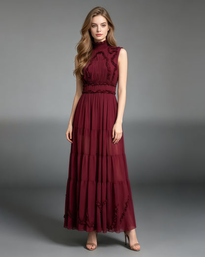 Burgundy Sleeveless High Neck Ruffle Maxi Dress