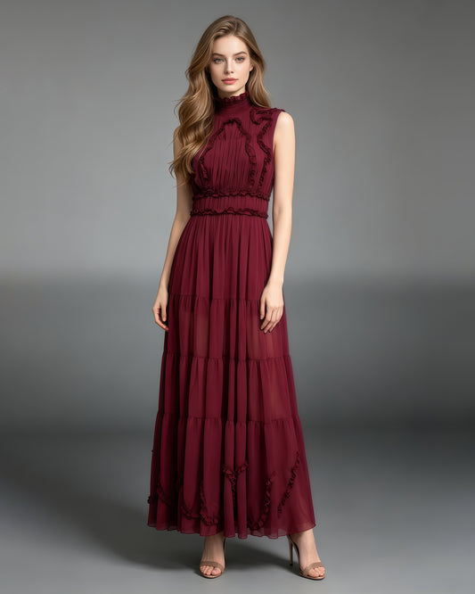 Burgundy Sleeveless High Neck Ruffle Maxi Dress