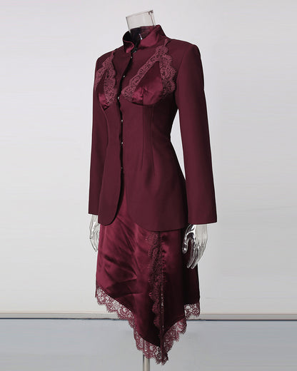 Spliced Lace Blazer Asymmetric Lace Trim Skirt Set