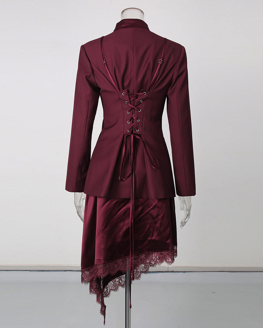 Spliced Lace Blazer Asymmetric Lace Trim Skirt Set