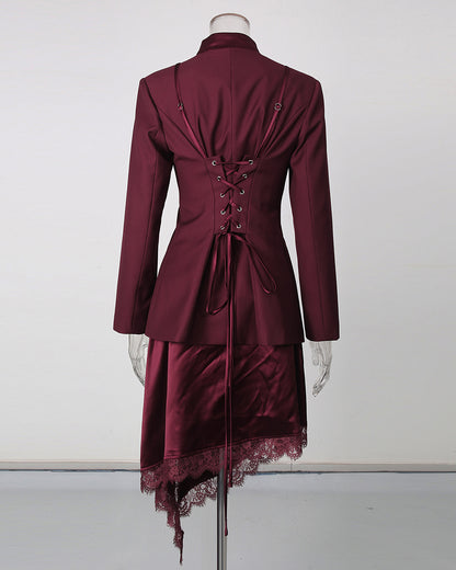 Spliced Lace Blazer Asymmetric Lace Trim Skirt Set
