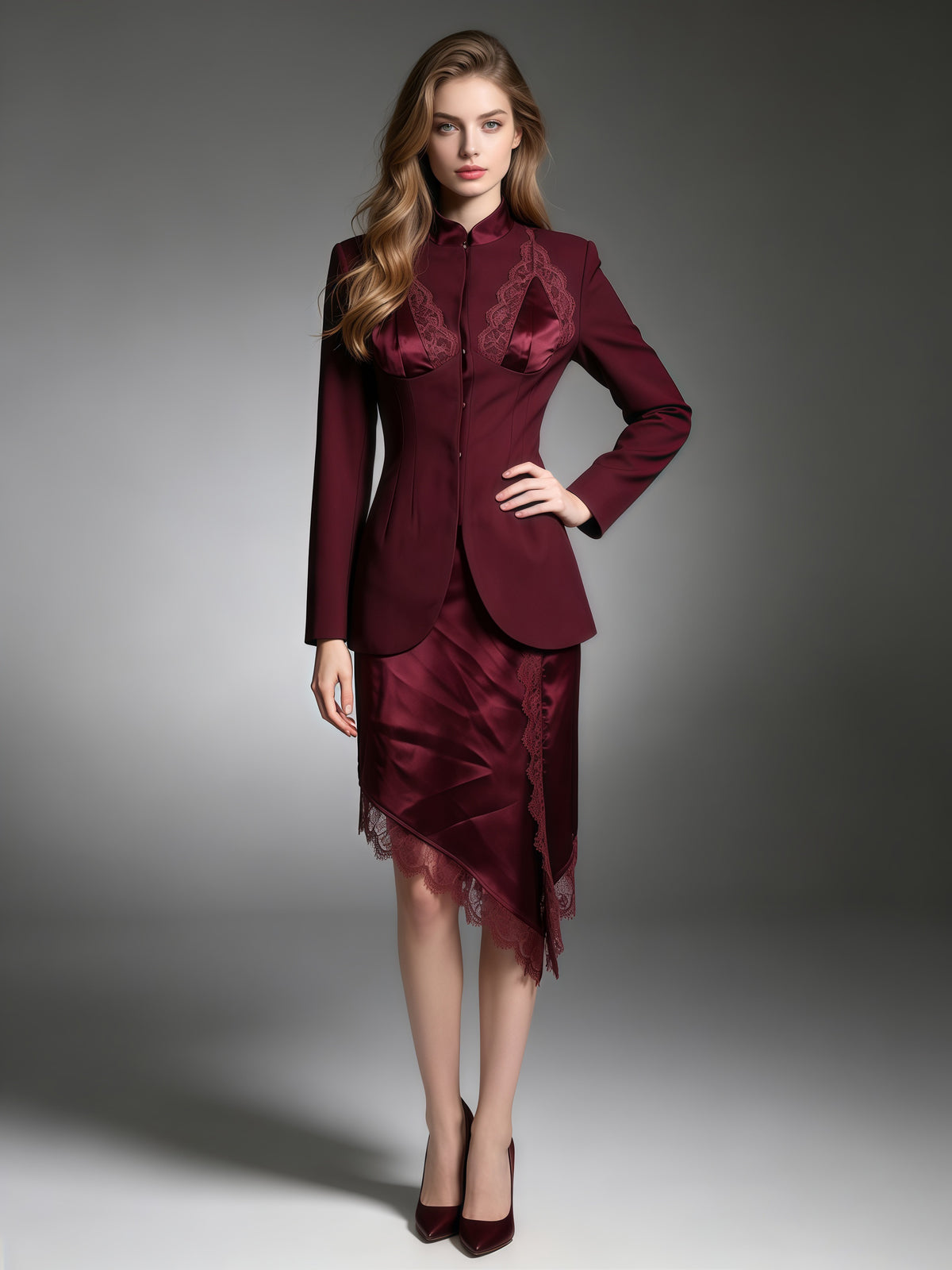 Spliced Lace Blazer Asymmetric Lace Trim Skirt Set