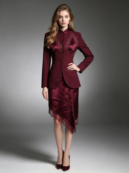Spliced Lace Blazer Asymmetric Lace Trim Skirt Set