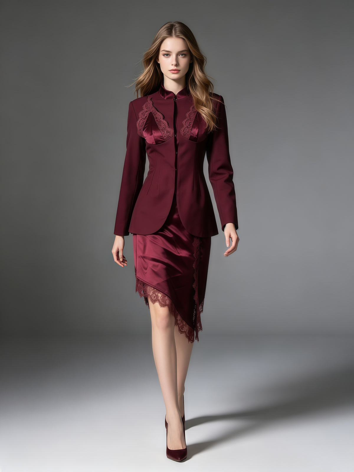Spliced Lace Blazer Asymmetric Lace Trim Skirt Set