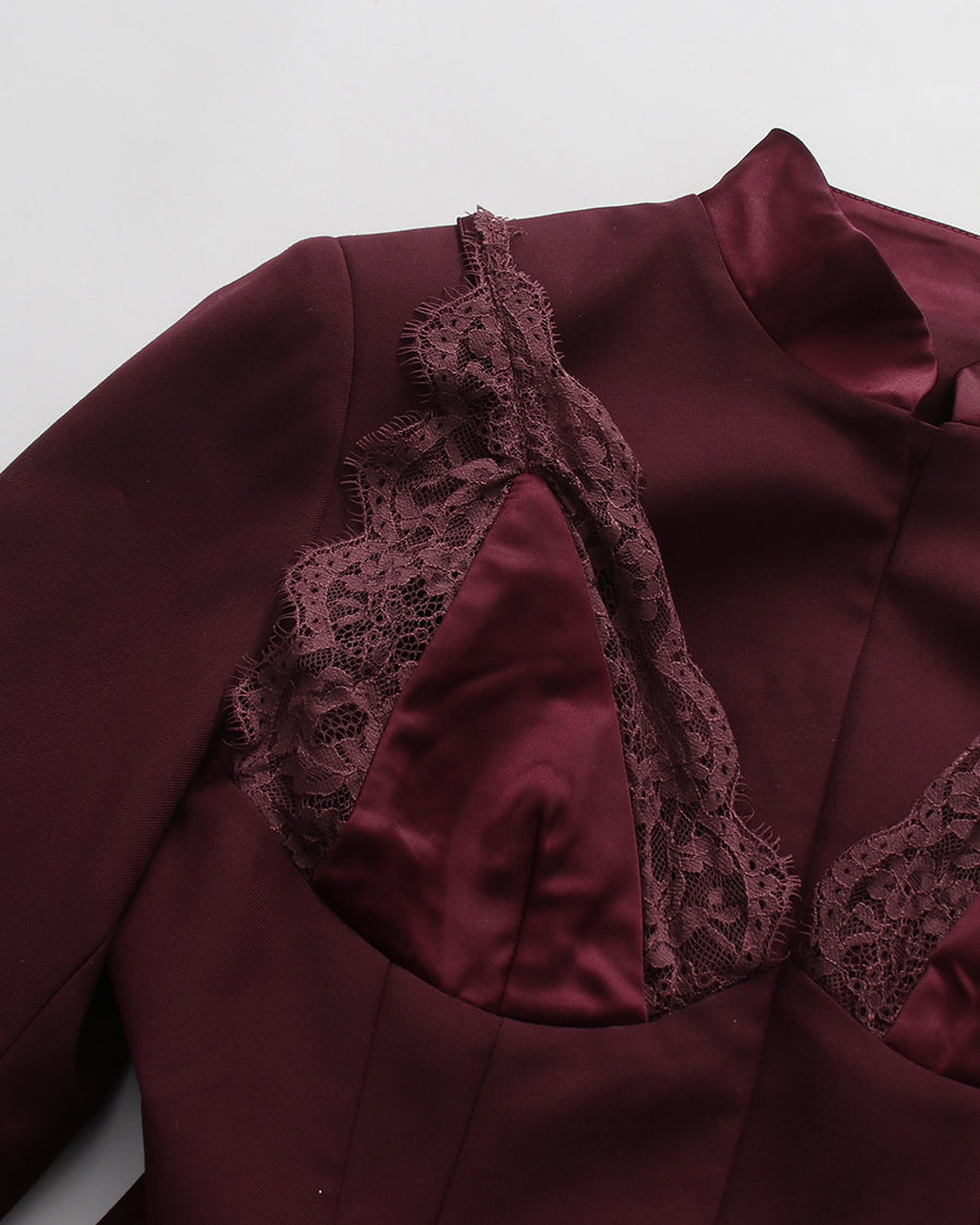 Spliced Lace Blazer Asymmetric Lace Trim Skirt Set