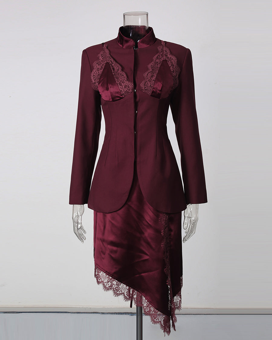 Spliced Lace Blazer Asymmetric Lace Trim Skirt Set
