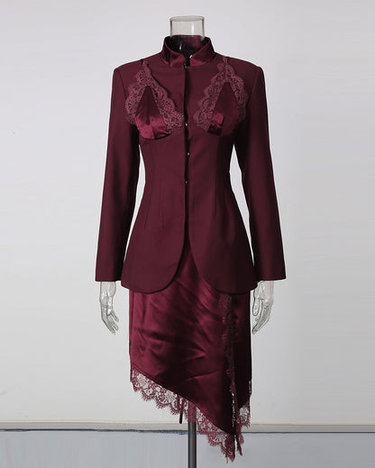 Spliced Lace Blazer Asymmetric Lace Trim Skirt Set