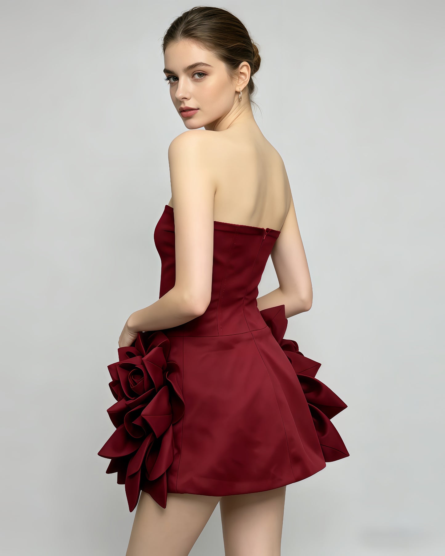 Burgundy Strapless 3D Flower Satin Mini Dress