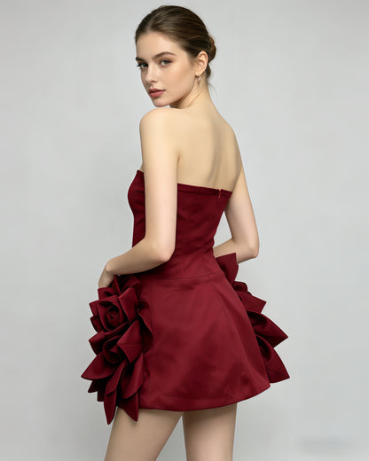 Burgundy Strapless 3D Flower Satin Mini Dress
