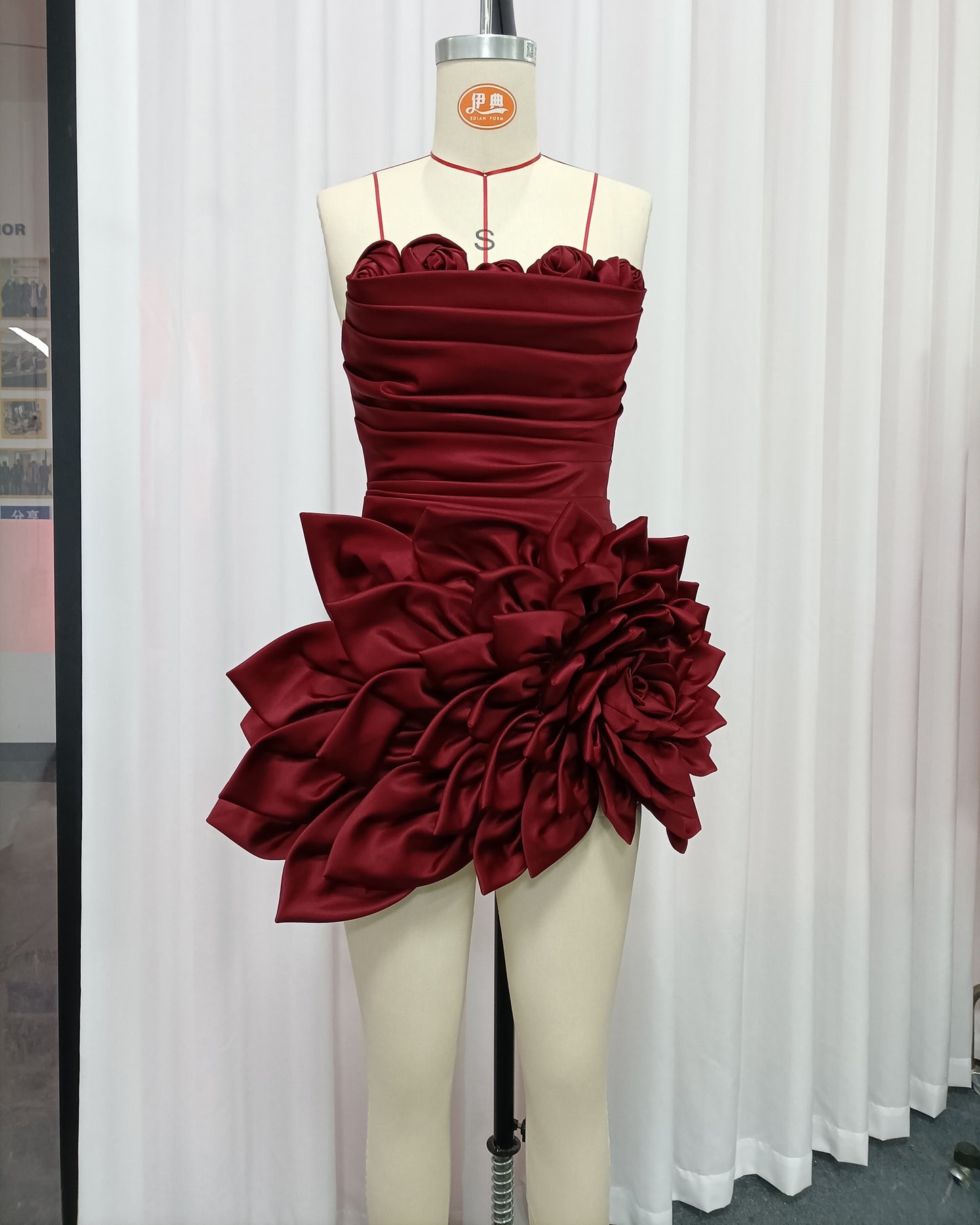 Burgundy Strapless 3D Flower Satin Mini Dress