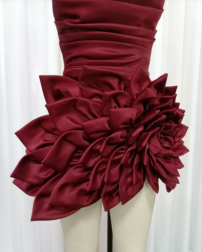 Burgundy Strapless 3D Flower Satin Mini Dress