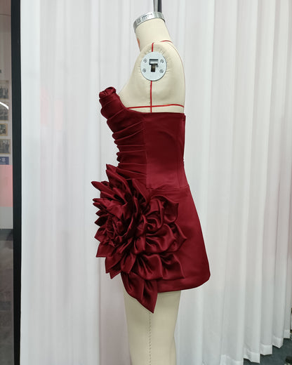 Burgundy Strapless 3D Flower Satin Mini Dress