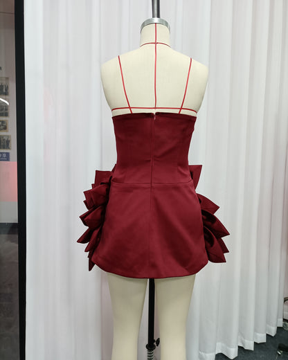 Burgundy Strapless 3D Flower Satin Mini Dress