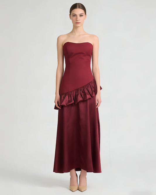 Burgundy Strapless Ruffle Satin Midi Dress