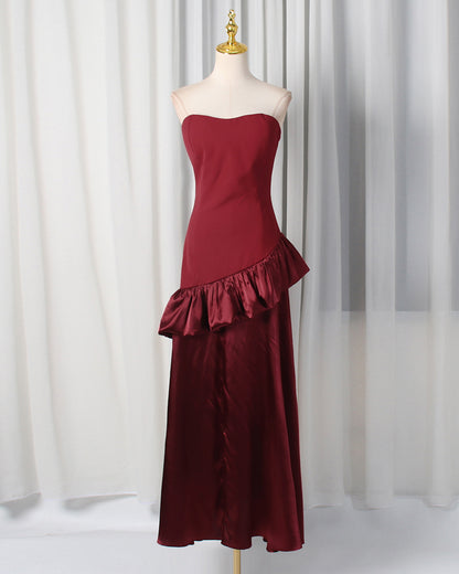 Burgundy Strapless Ruffle Satin Midi Dress