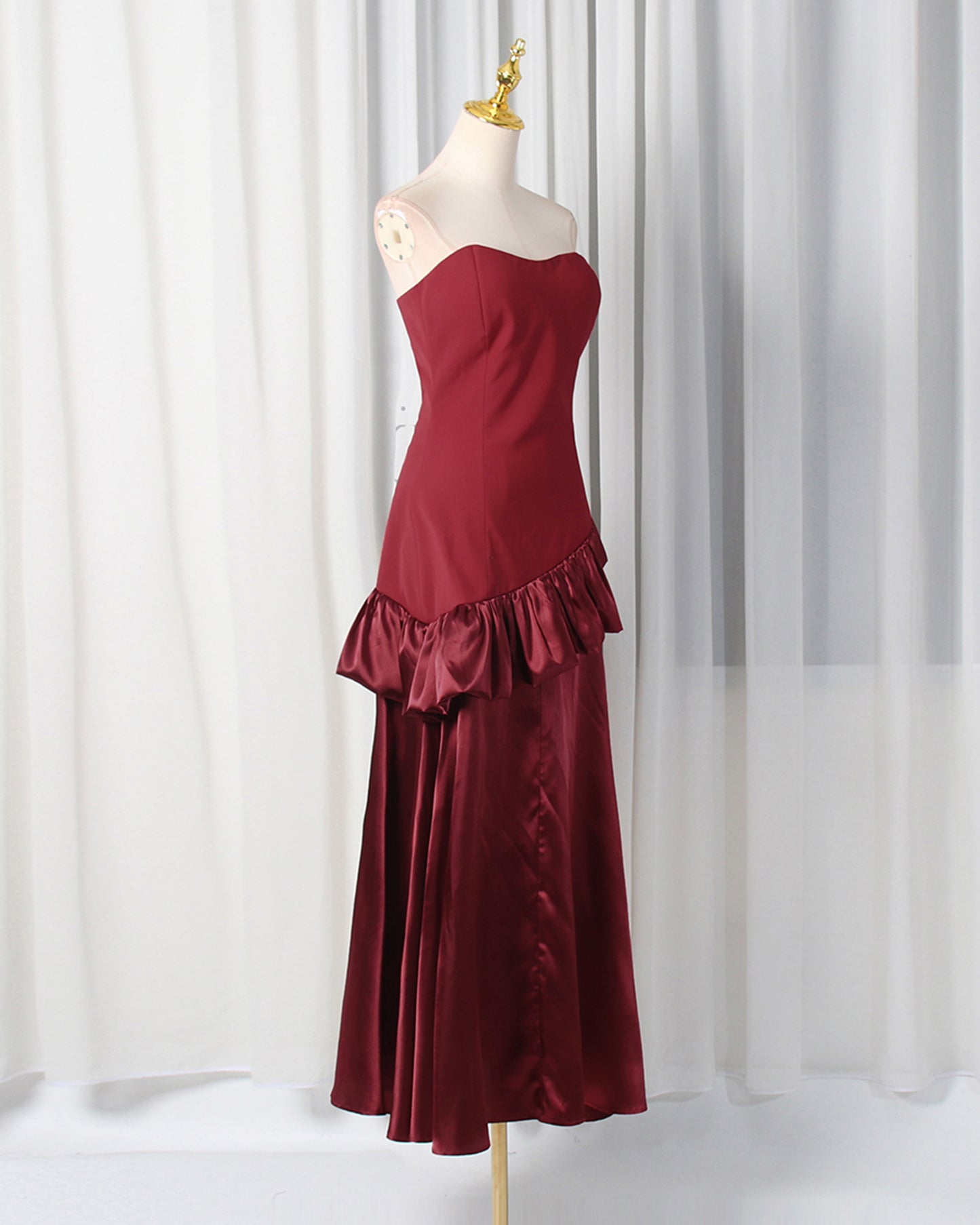 Burgundy Strapless Ruffle Satin Midi Dress